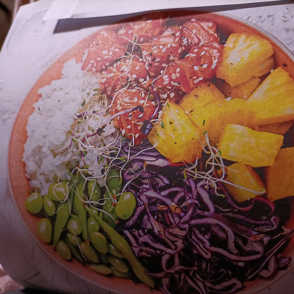 Bowl saumon mariné chou rouge ananas edamames