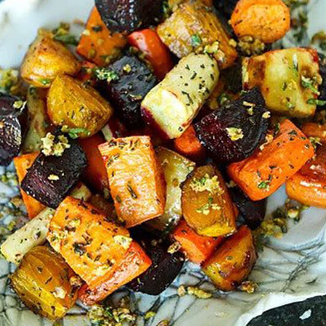 Best Ever Roasted Root Vegetables with Pistachio Crumble | The F