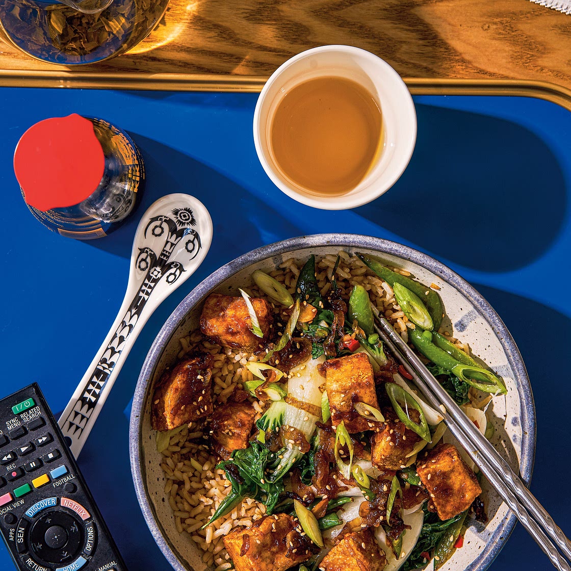 Teriyaki tofu and green vegetable rice bowl recipe