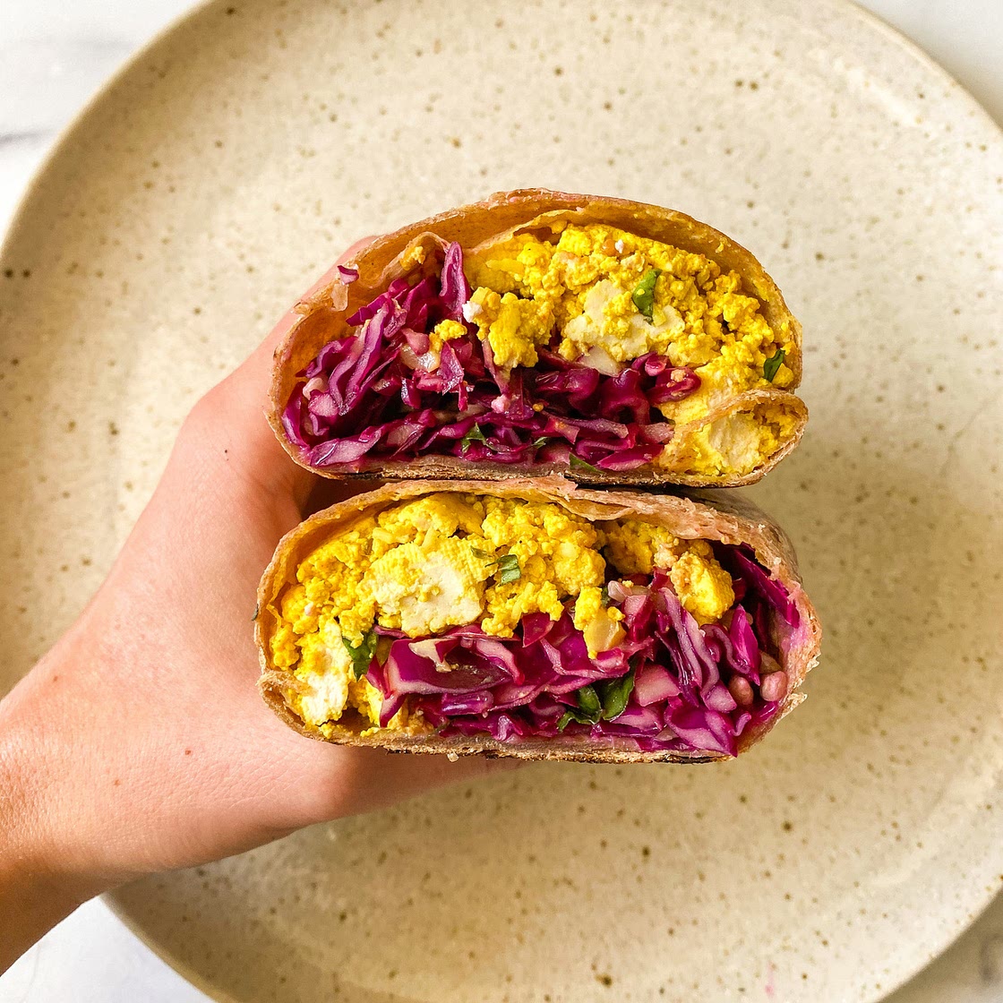 Curry Shredded Tofu Burrito with Cabbage Slaw (vegan)