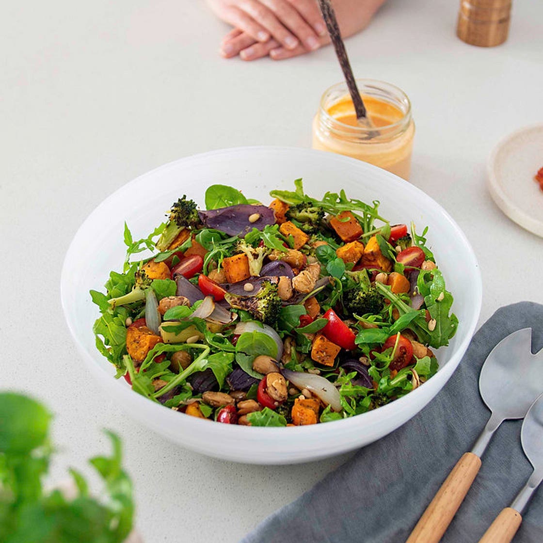 ROASTED SWEET POTATO & BUTTER BEAN SALAD WITH SUN-DRIED TOMATO DRESSING