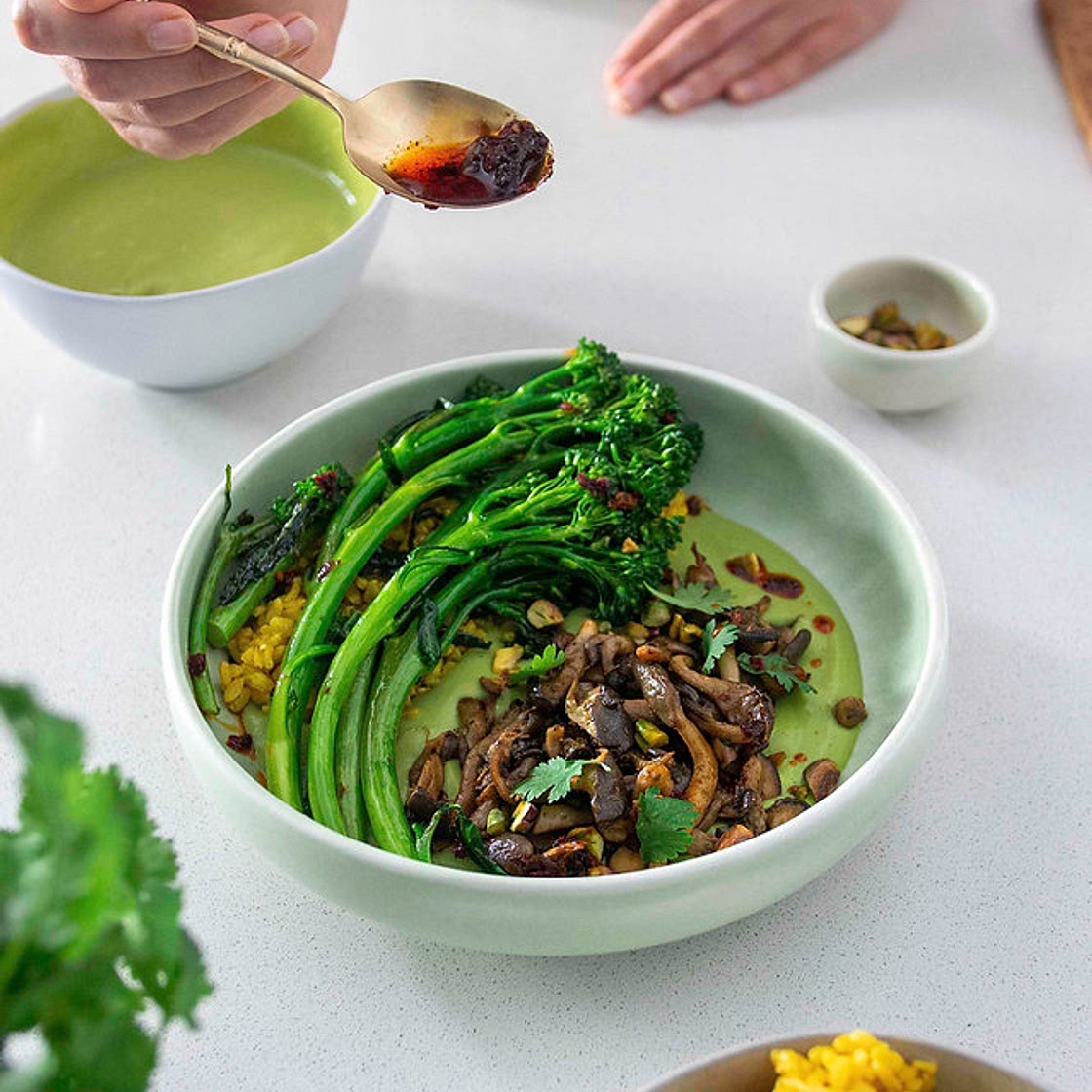 SHREDDED MUSHROOMS WITH CORIANDER DIP & BROCCOLINI
