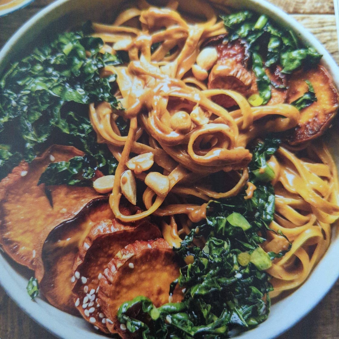 Saucy Garlic Peanut Noodles with Sesame Sweet Potatoes
