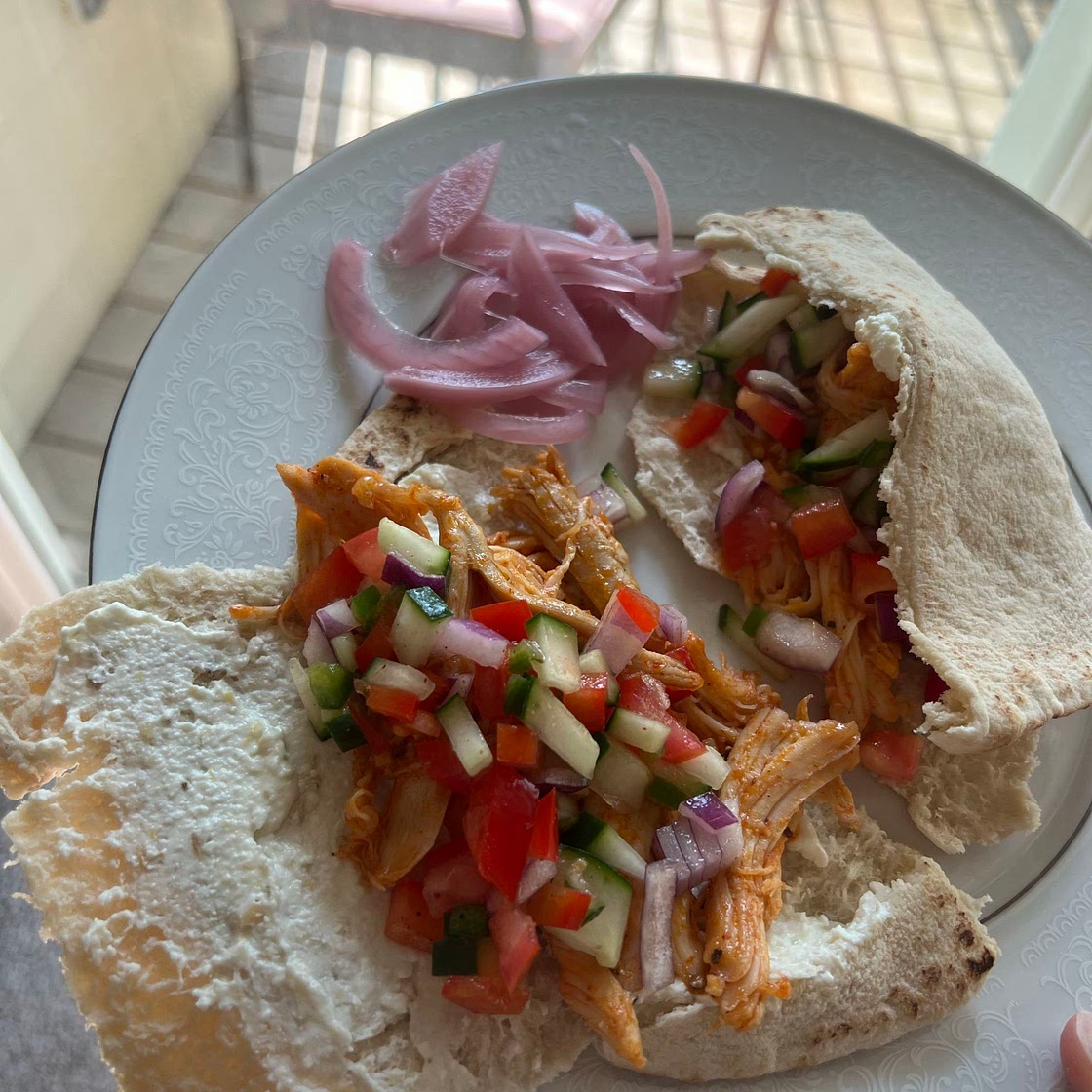 Honey Sriracha Chicken Pitas w/ Whipped Feta & Greek Salad