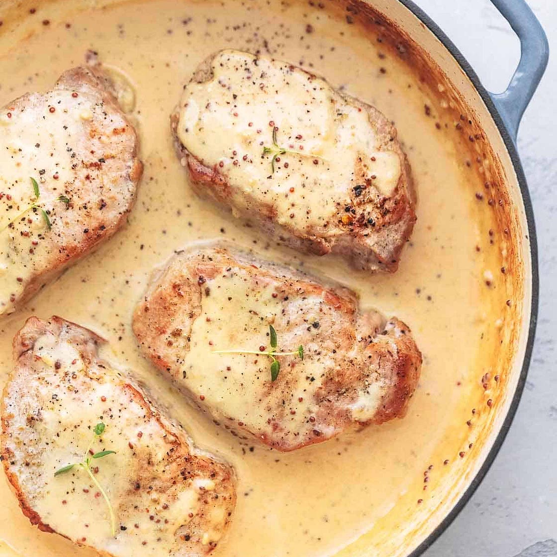 Creamy Mustard & Chive Pork Steaks with Crushed Potatoes