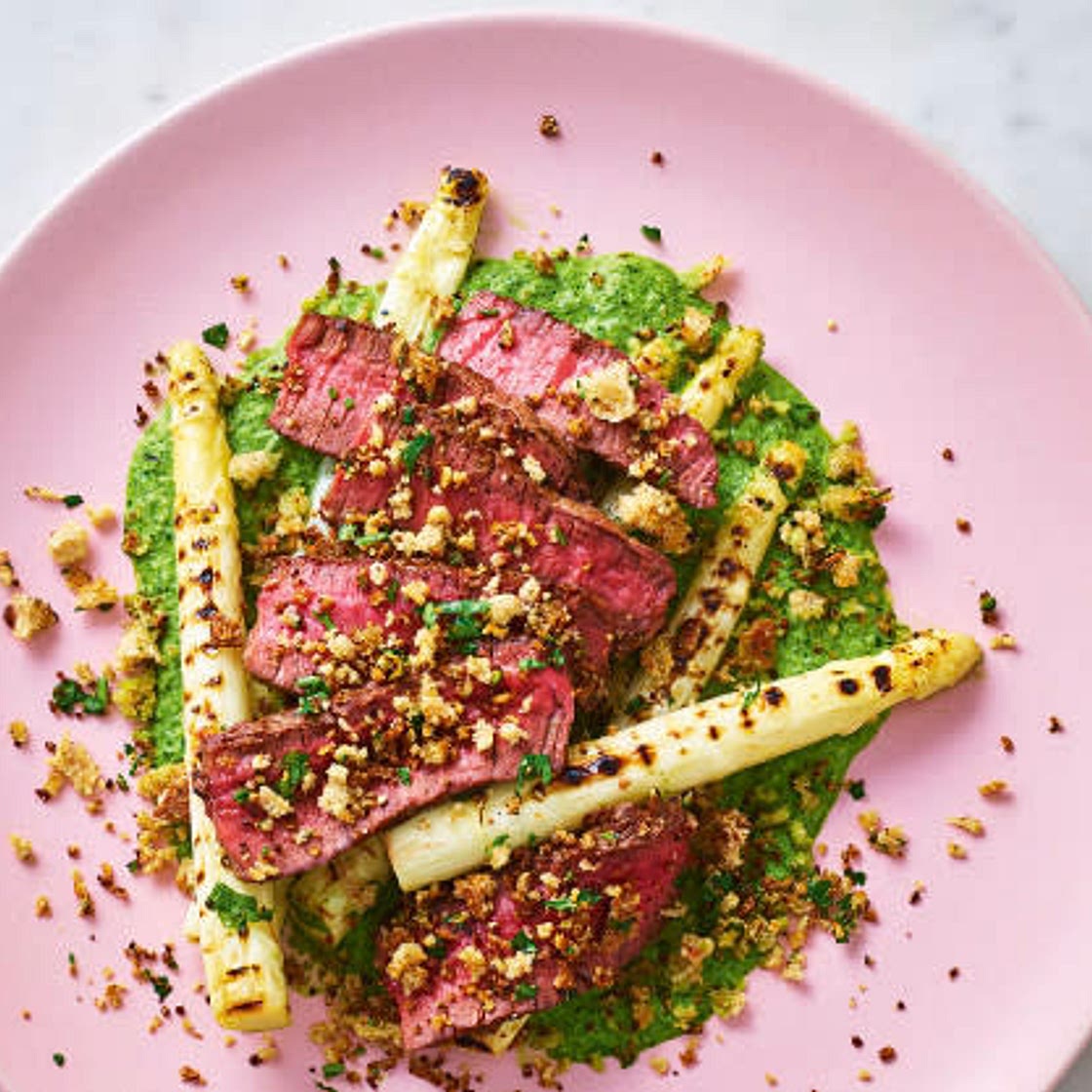 White Asparagus, Steak and Watercress Sauce