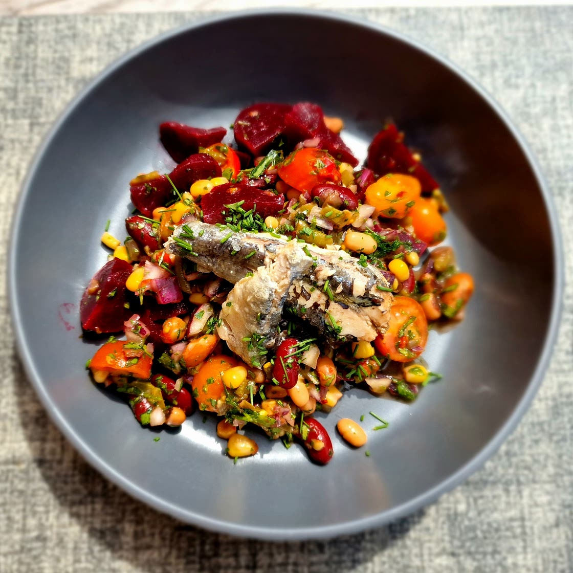 Mixed Bean, Sardines, and Beetroot Herb Salad