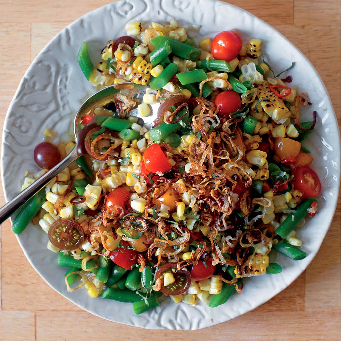 Charred Corn Succotash with Lime and Crispy Shallots