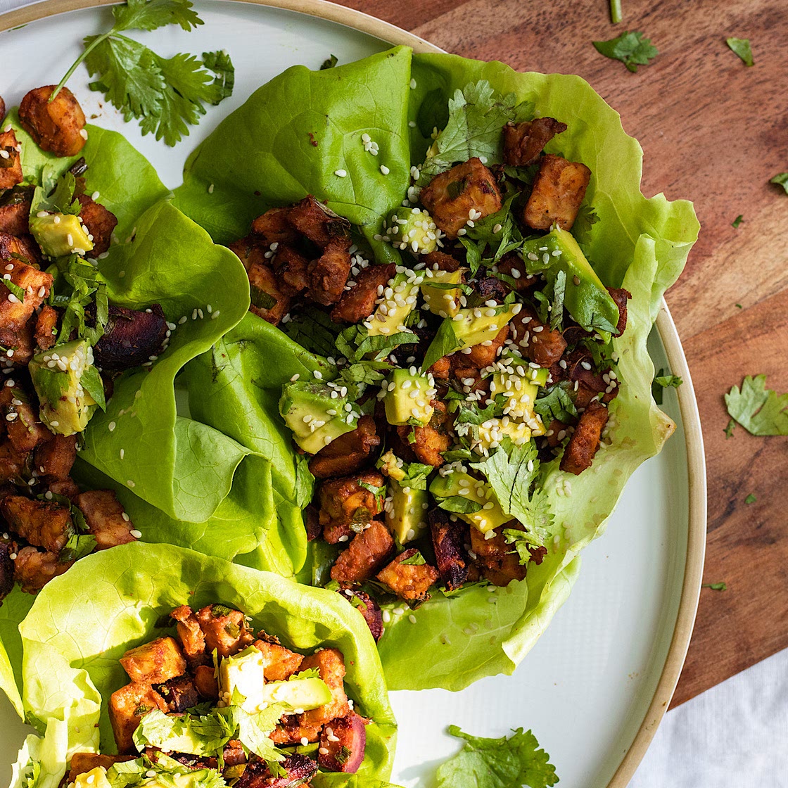 Buffalo Tempeh Carrot Lettuce Wraps