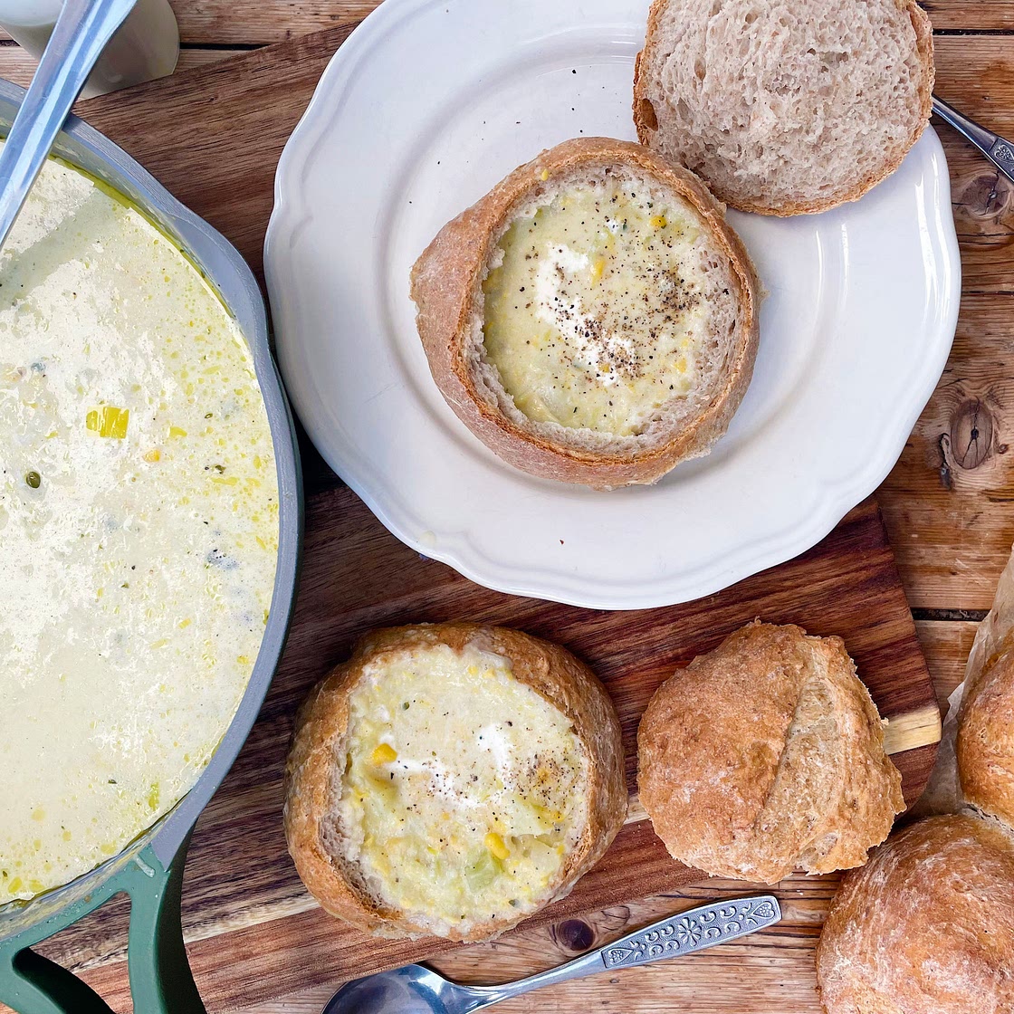 sweetcorn chowder in crusty bread bowls - Dom in the Kitchen