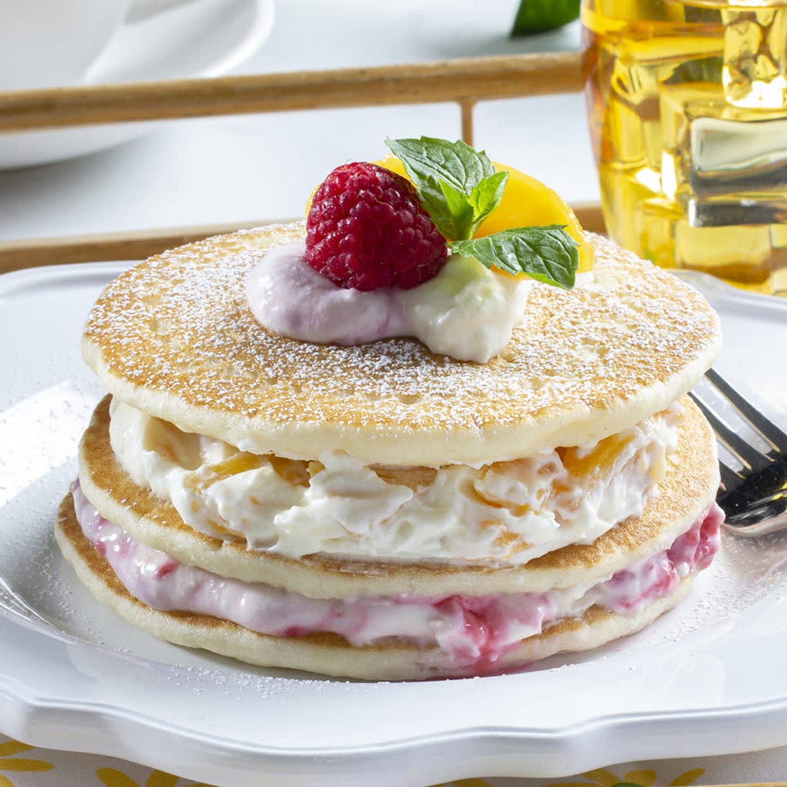 Peach Melba Pancake Stack