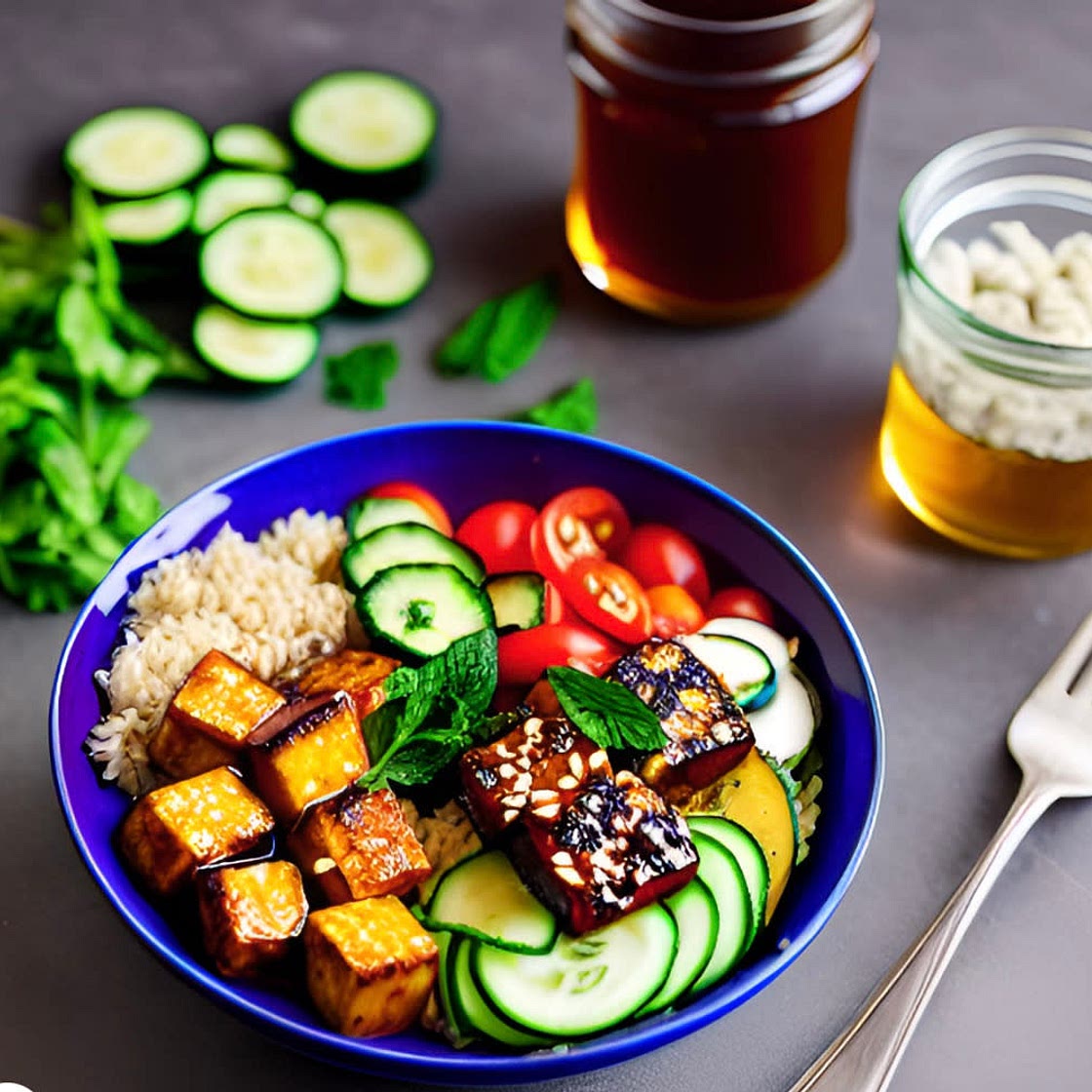 Harissa honey tofu bowl