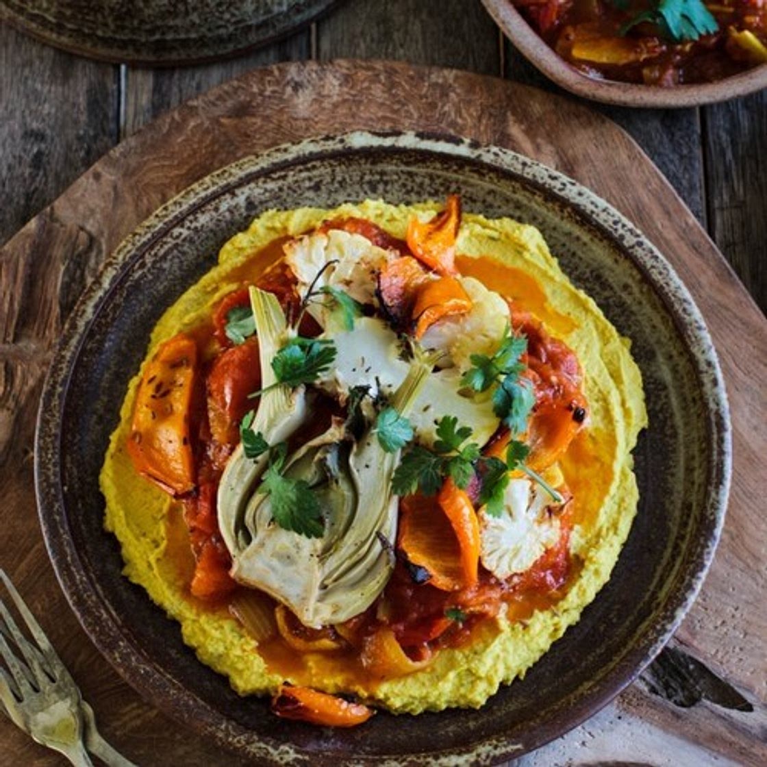 Tomato Curry, Roast Veg and Turmeric Hummus