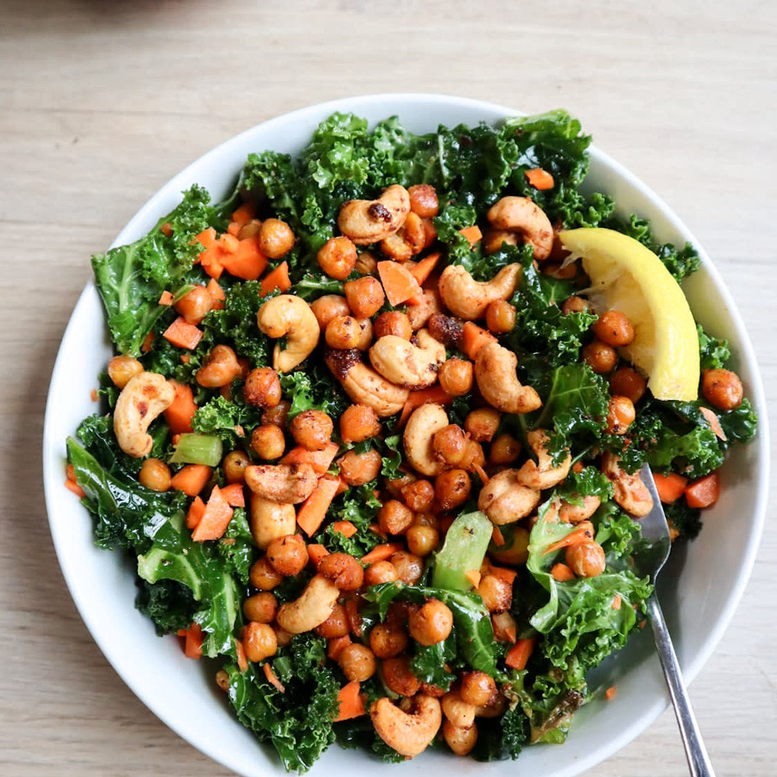 Kale Salad with Crispy Chickpeas & Cashews