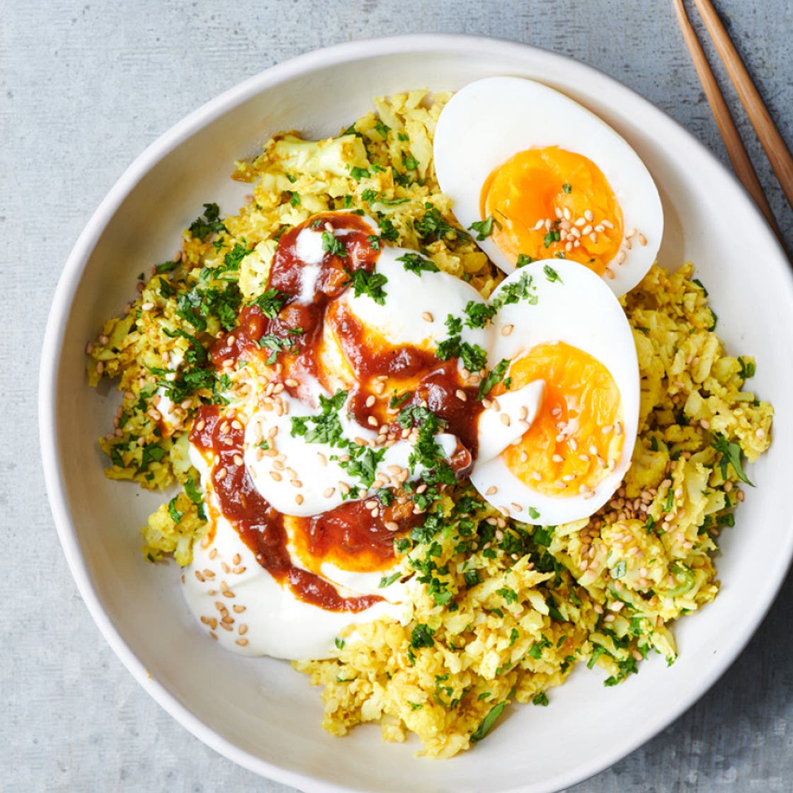 Spiced Cauliflower Rice Bowls with Soft Eggs and Chutney