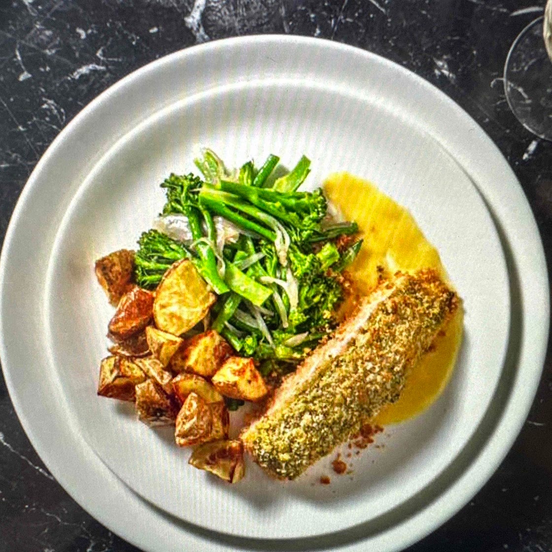 Pesto crusted salmon and lemon butter sauce