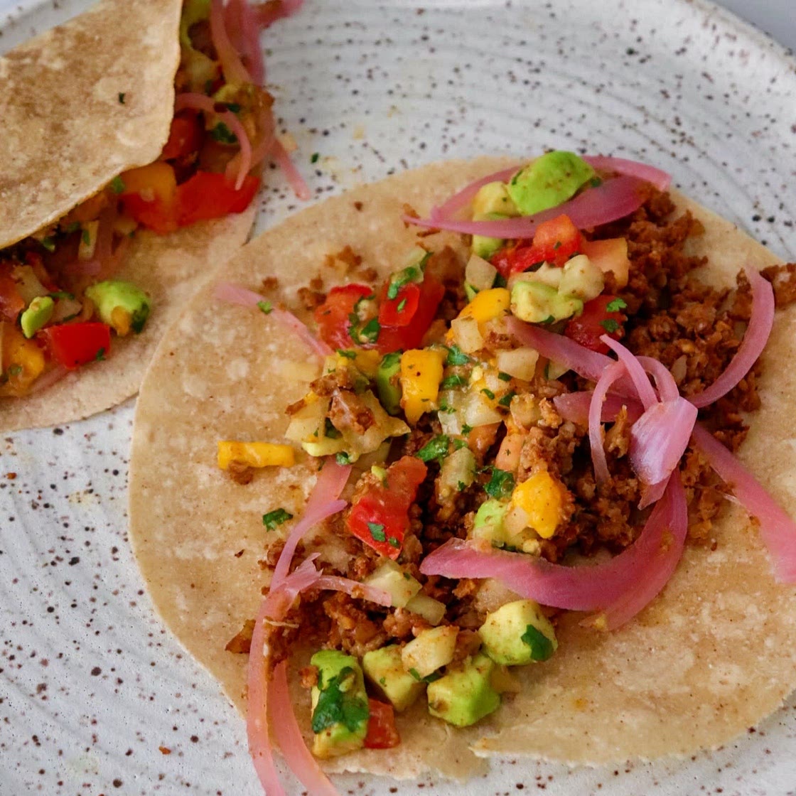 Cauliflower & Walnut "Meat" Tacos with mango salsa (vegan, gluten free)