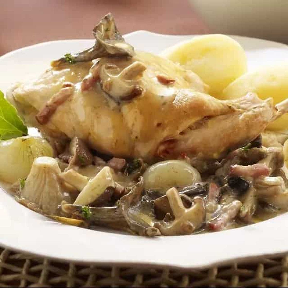 Rabbit Fricassee With Bacon Pearl Onions And Mushrooms Recipe