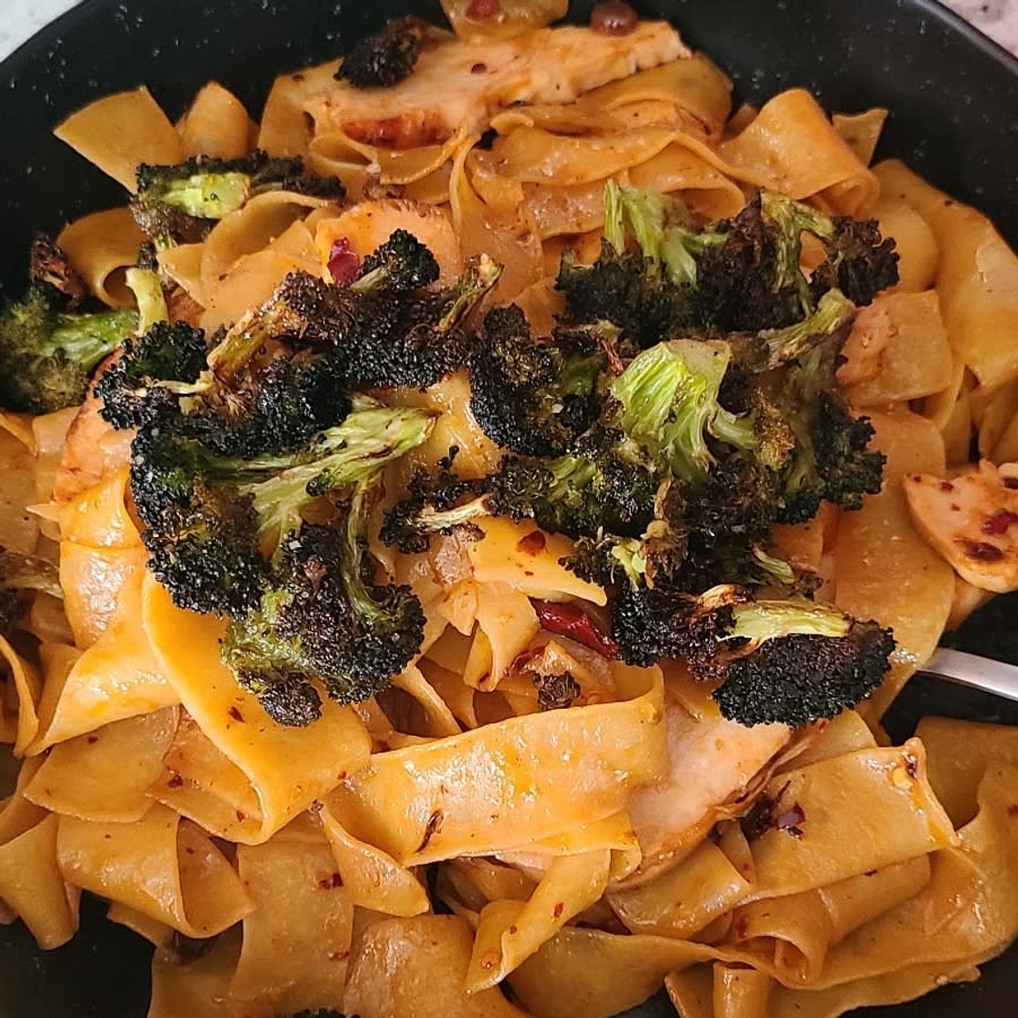 Chili Garlic Pappardelle with Smashed Broccoli and Soft Eggs