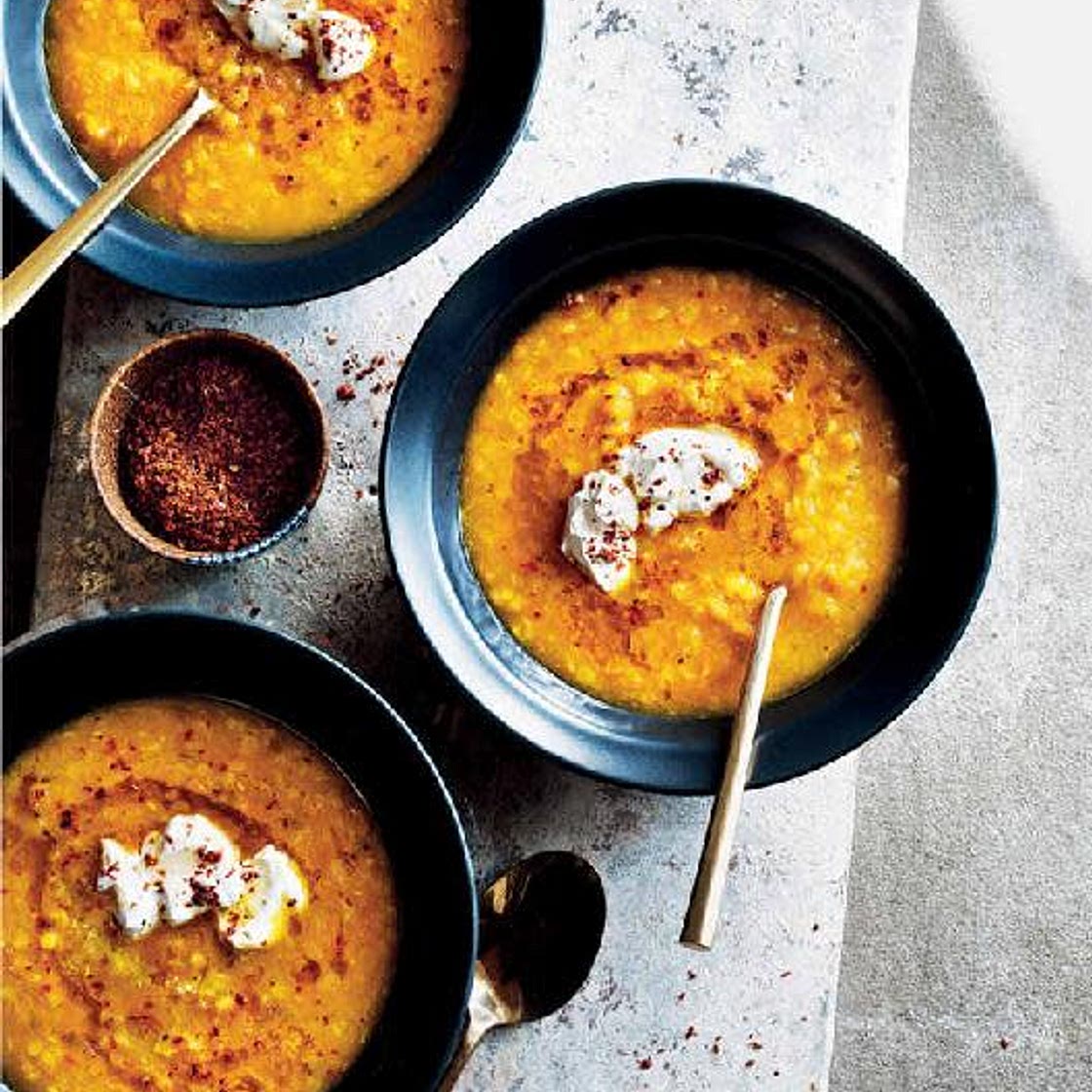 *0289kcal[9.6][10/10]* Carrot, Fennel Seed & Red Lentil Soup with Labneh & Sesame Oil