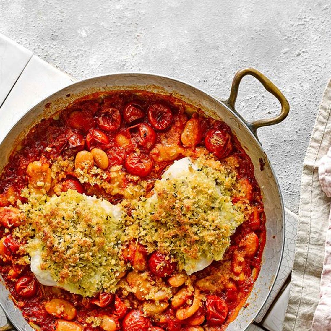 Baked cod and butter beans