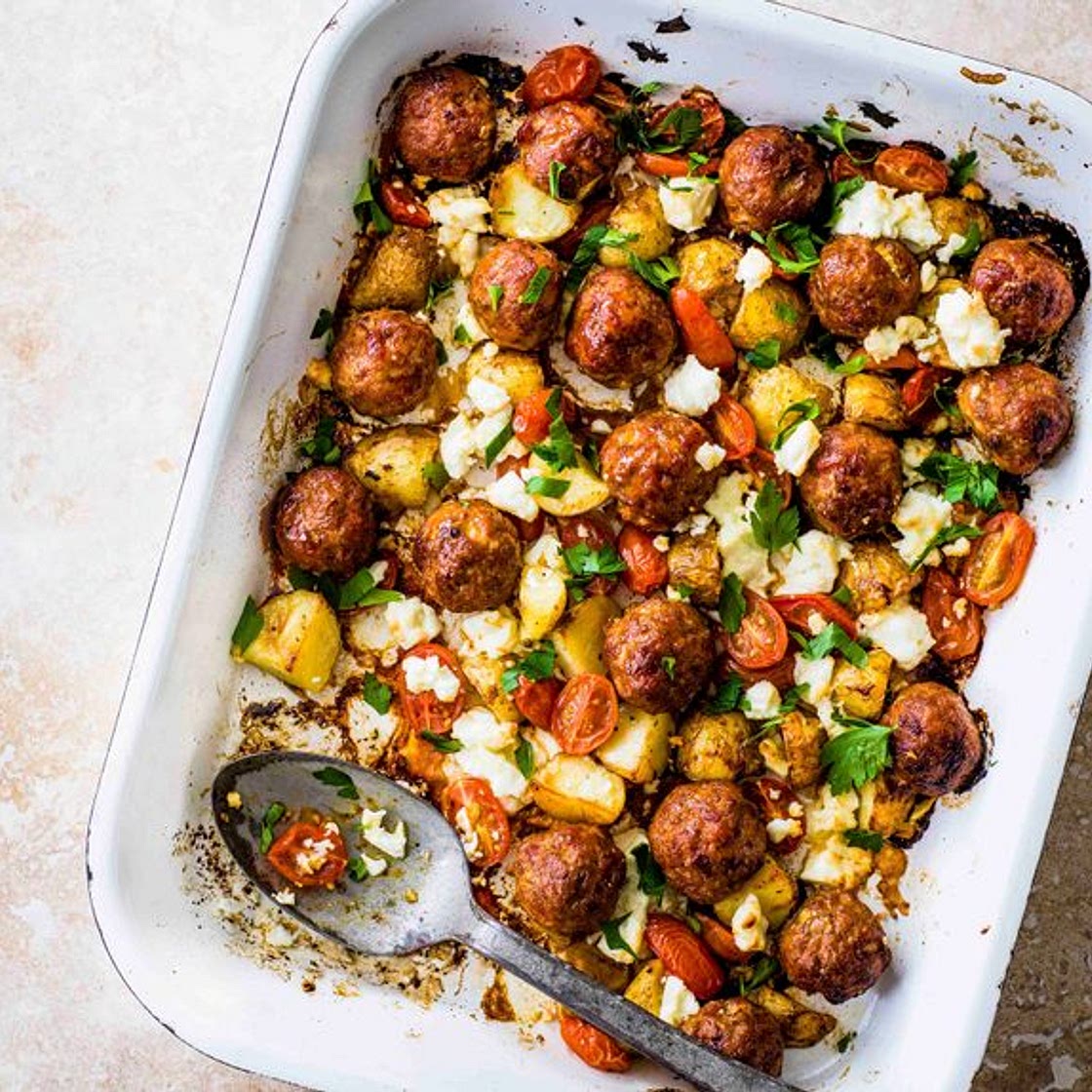 Chorizo meatball and feta traybake