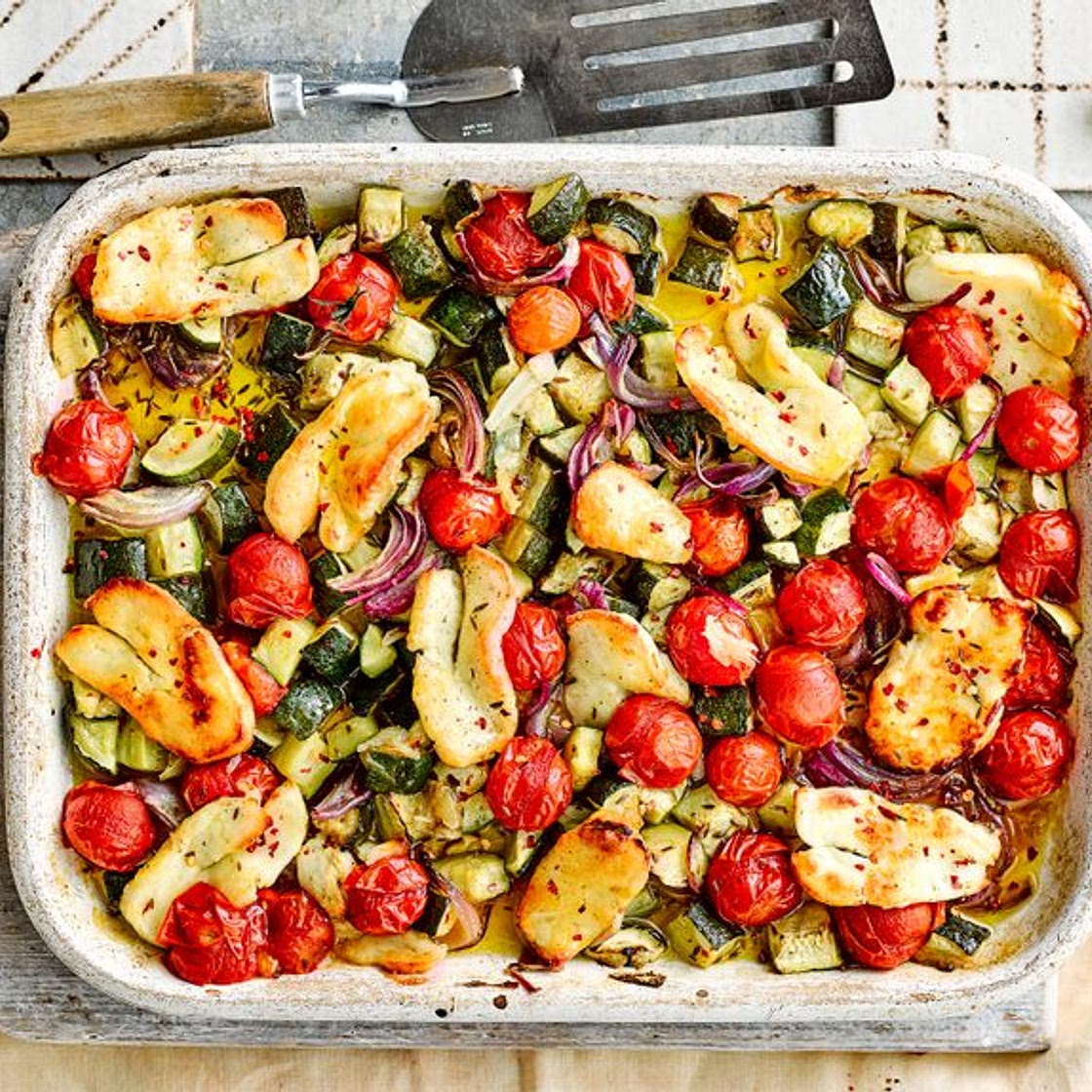 Halloumi and Mediterranean veg traybake