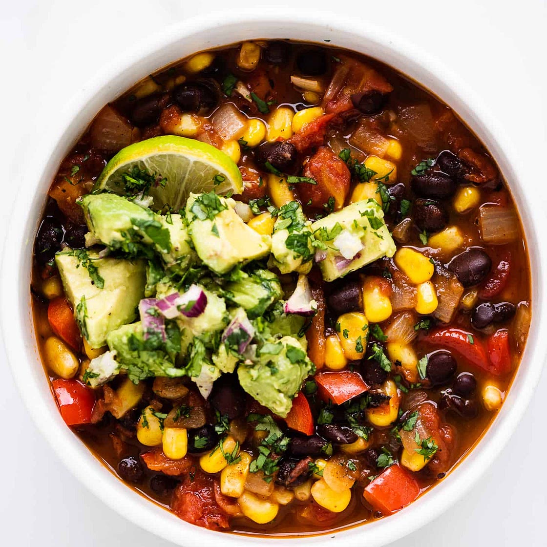 Black Bean and Corn Chili with Avocado Salsa