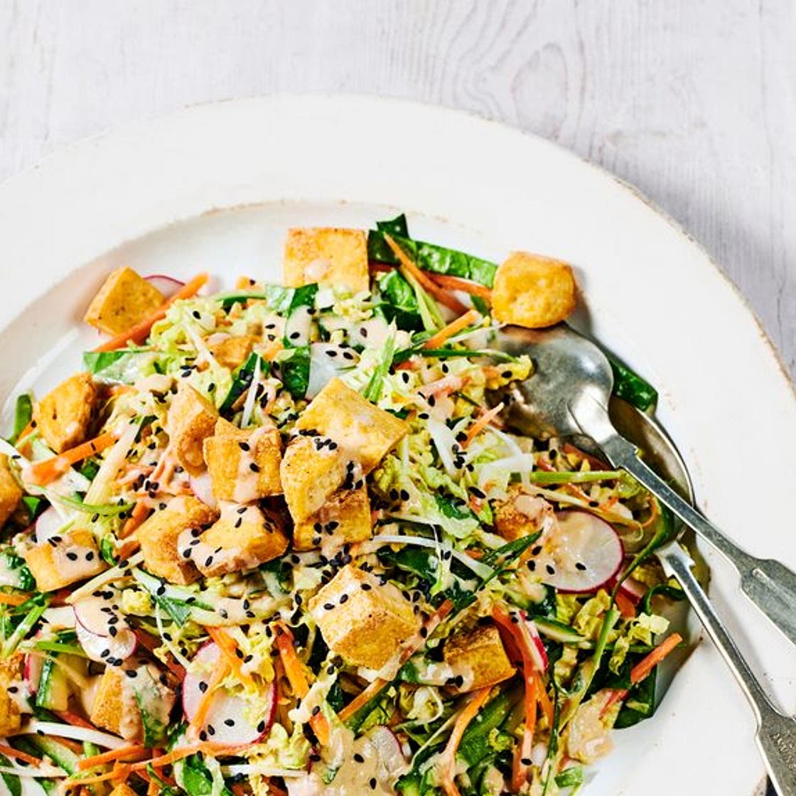 Crunchy veg and smoked tofu salad with sesame dressing