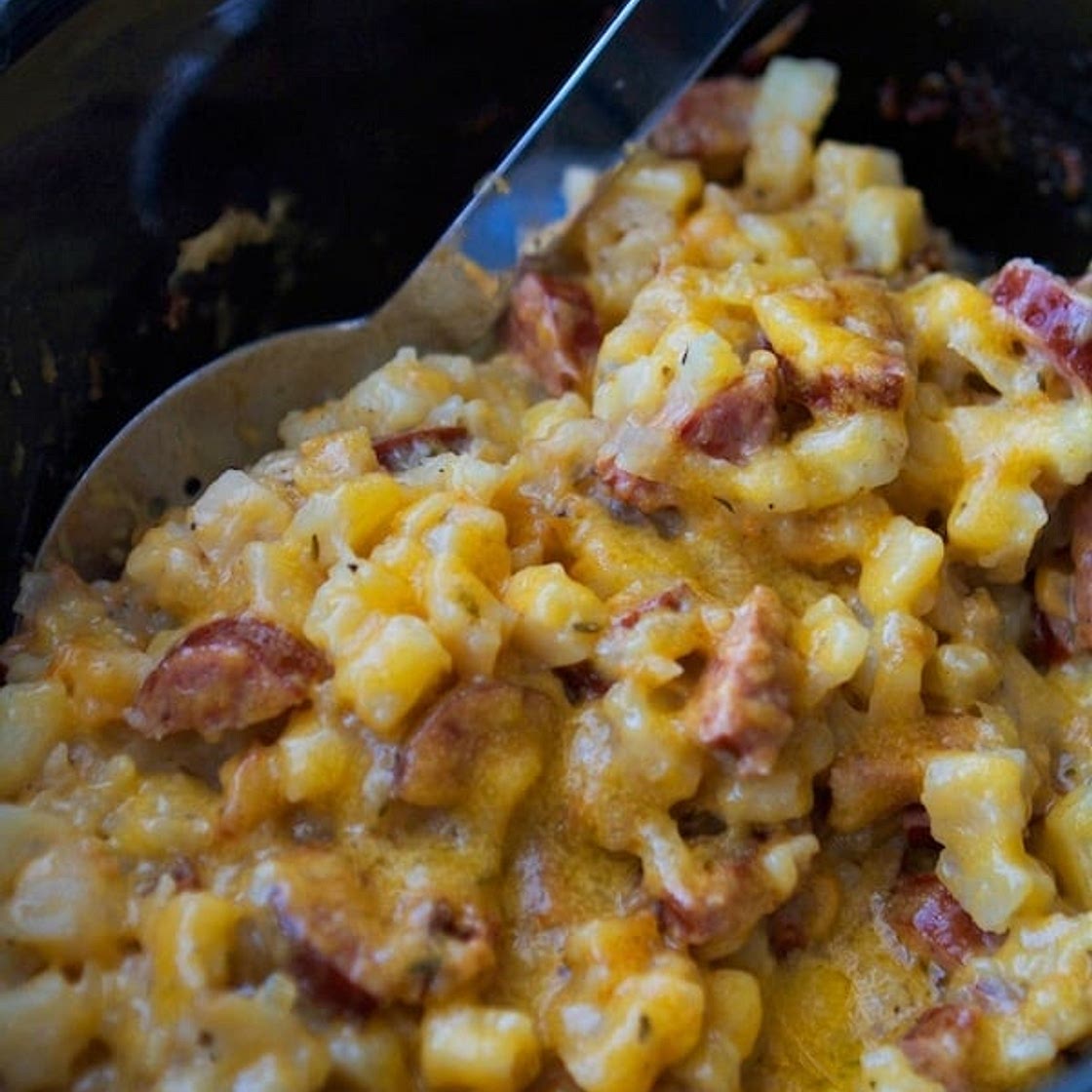 Crockpot Hashbrown Casserole with Smoked Sausage