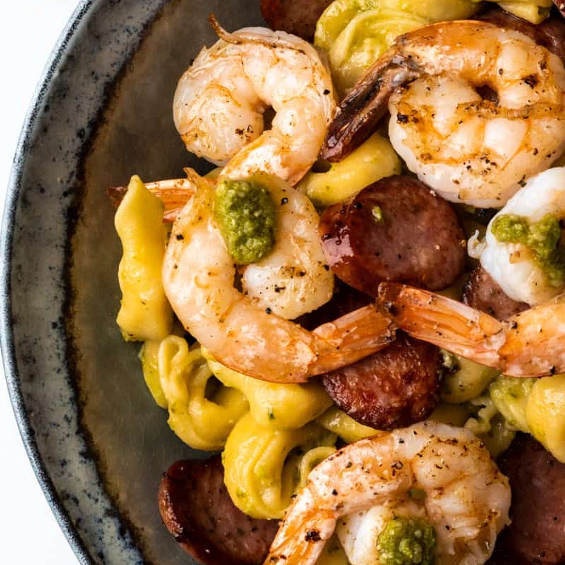 Shrimp & Andouille Tortellini with Pesto