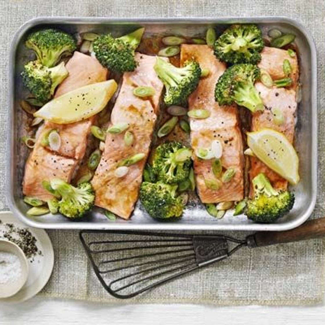 Soy salmon & broccoli traybake