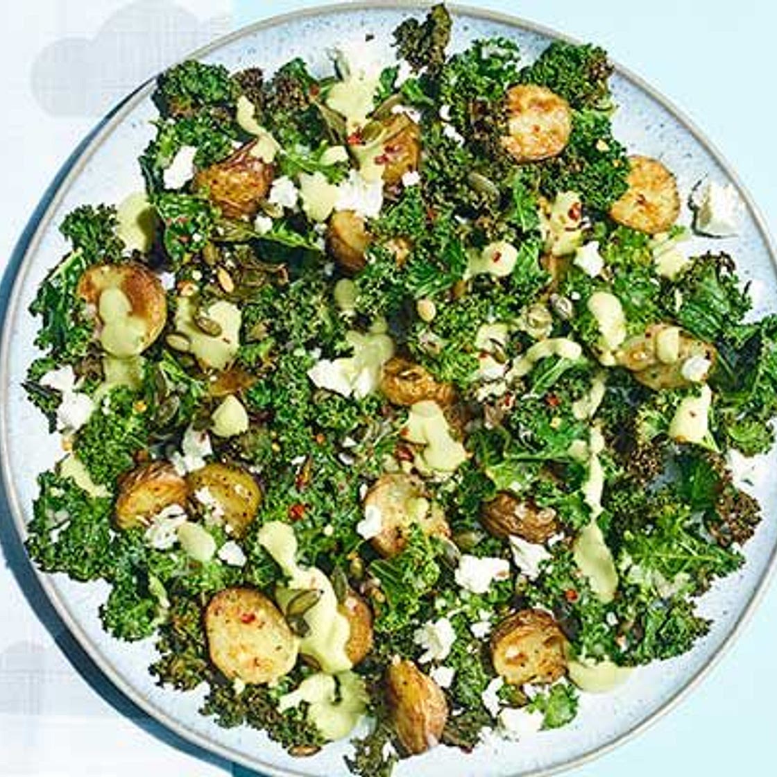 Roasted new potato, kale & feta salad with avocado