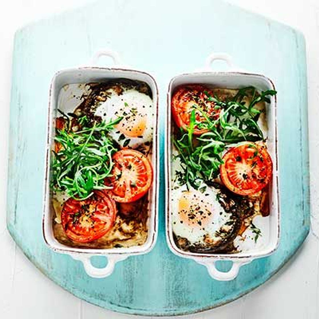 Mushroom baked eggs with squished tomatoes