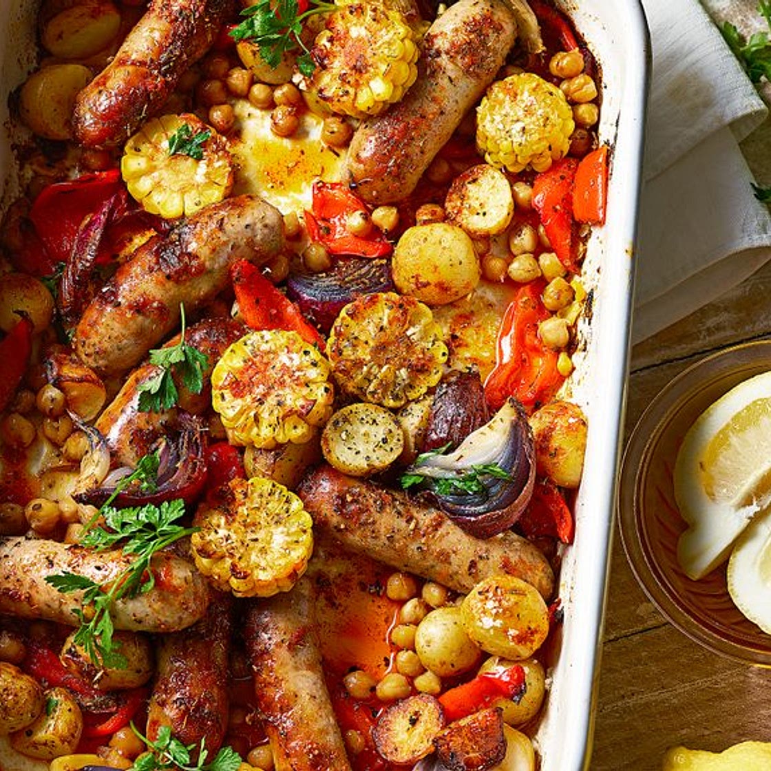 Healthy sausage traybake