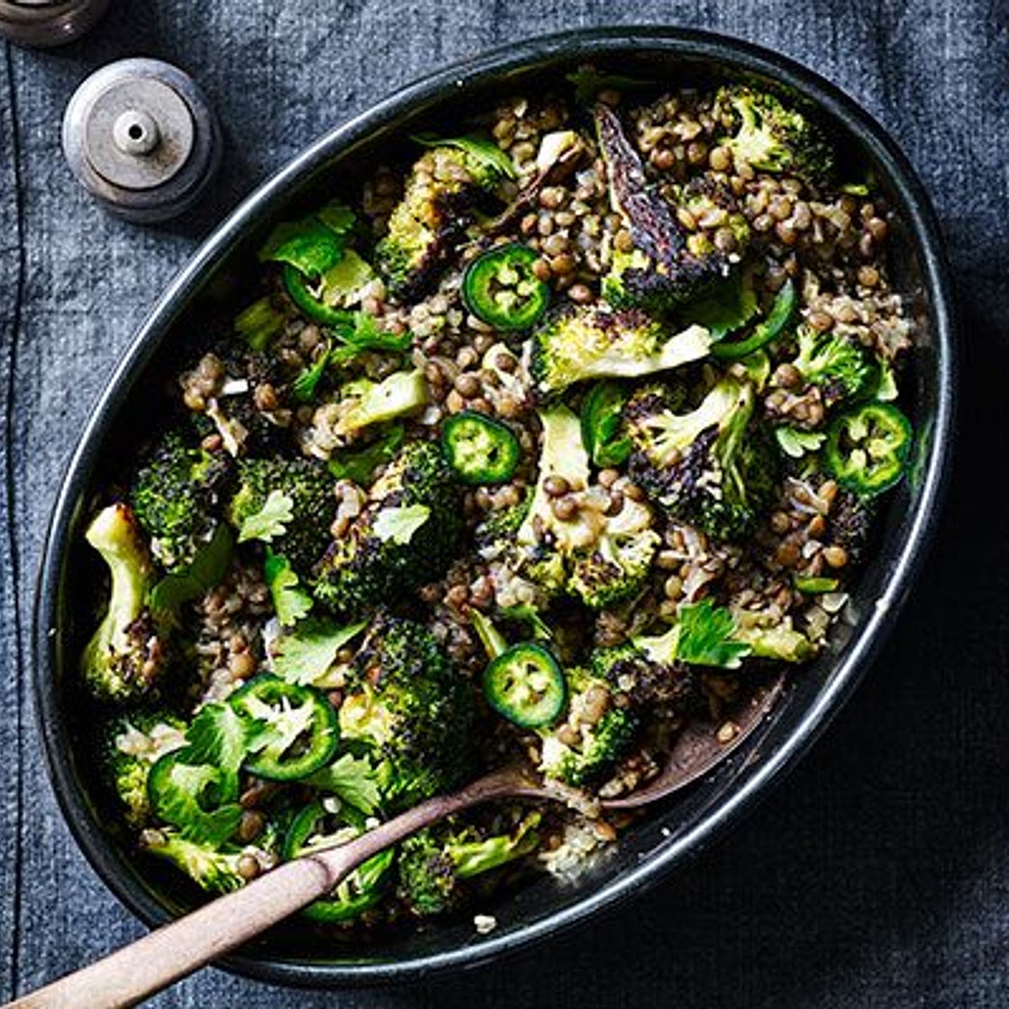 Lentils with charred broccoli & ginger