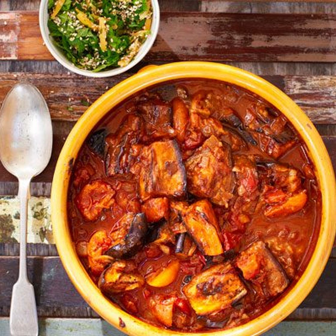 Smoky aubergine tagine with lemon & apricots