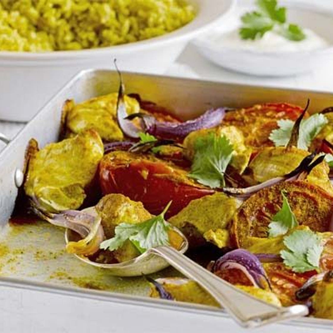 Baked chicken masala with almond pilaf