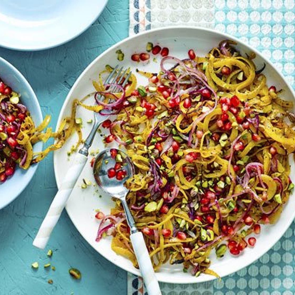 Roasted squash & red onion with pistachios
