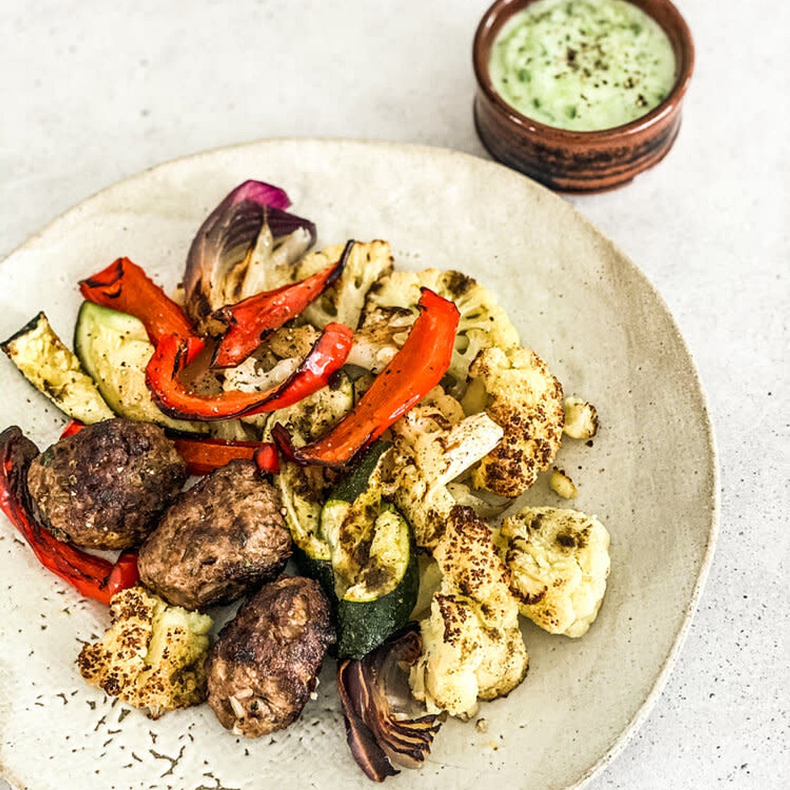 Lamb Koftas, Charred  Vegetables & Tzatziki