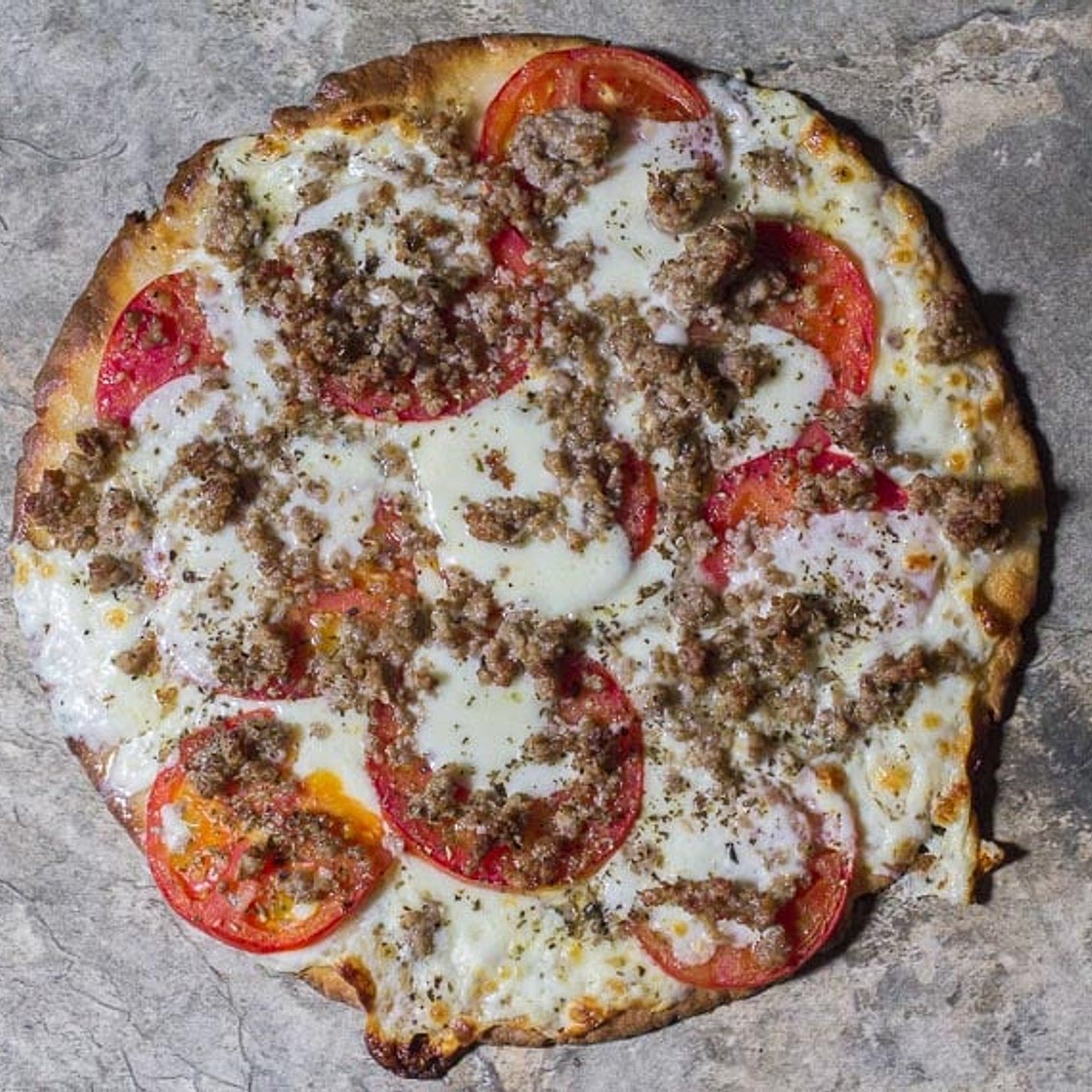 Low FODMAP CBD Oil Pizza with Sausage & Fresh Tomato