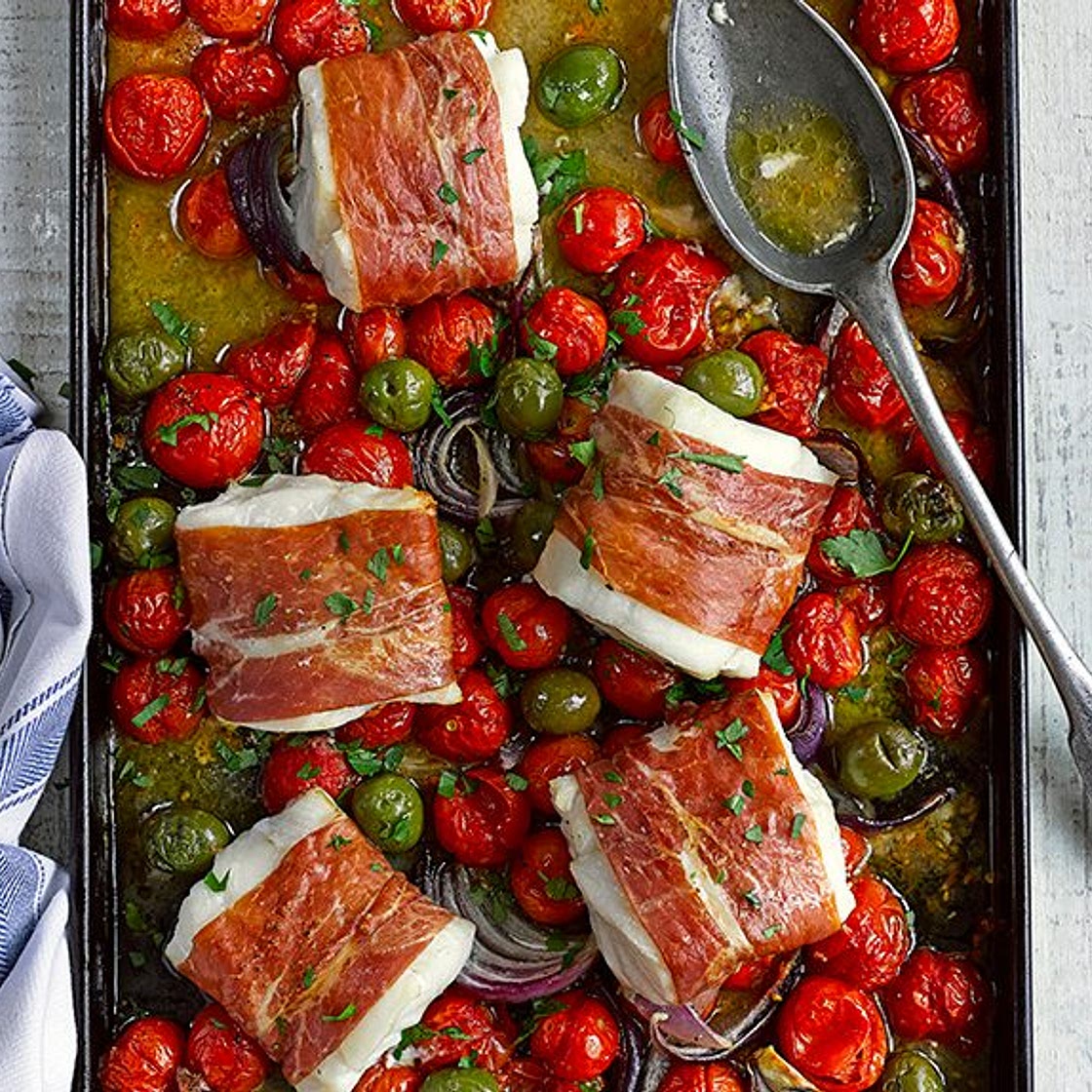 Cod, cherry tomato and green olive traybake