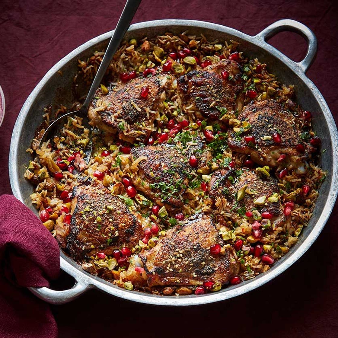 Crispy za'atar chicken pilaf with pomegranate