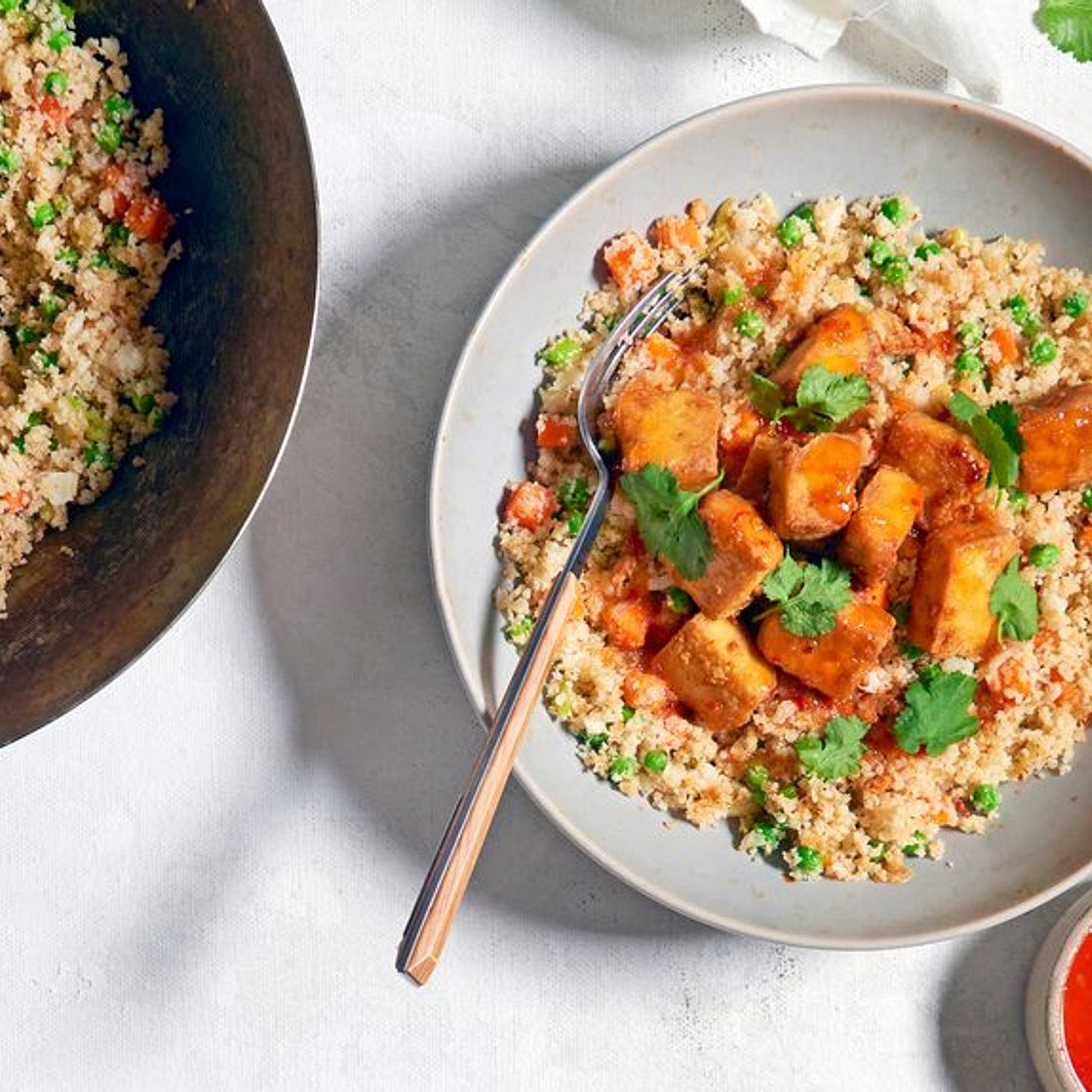 Cauliflower fried rice with crispy baked tofu