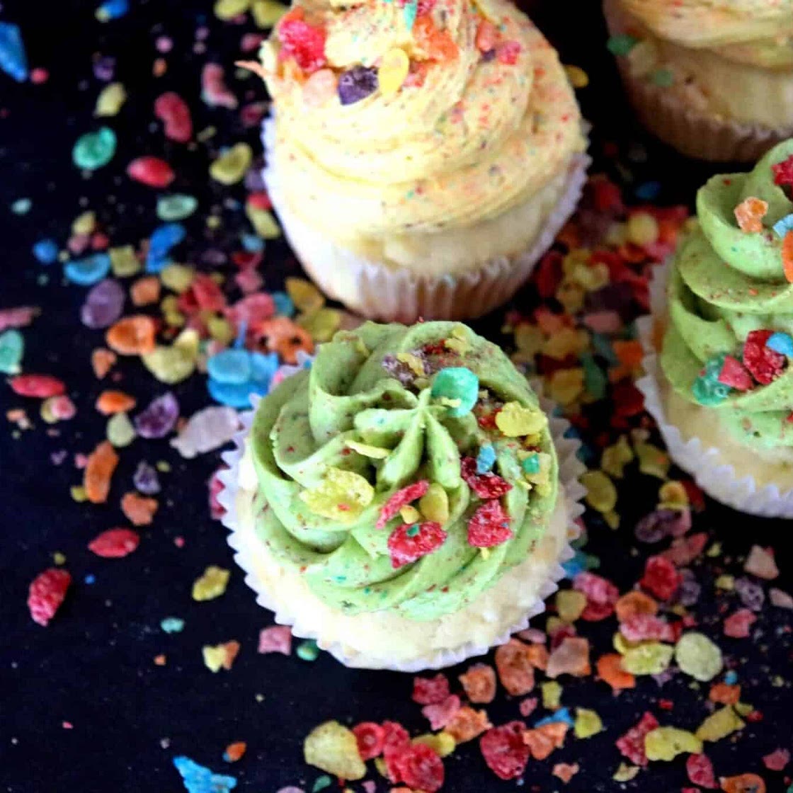 White Chocolate Cupcakes with Fruity Pebbles Buttercream Frosting