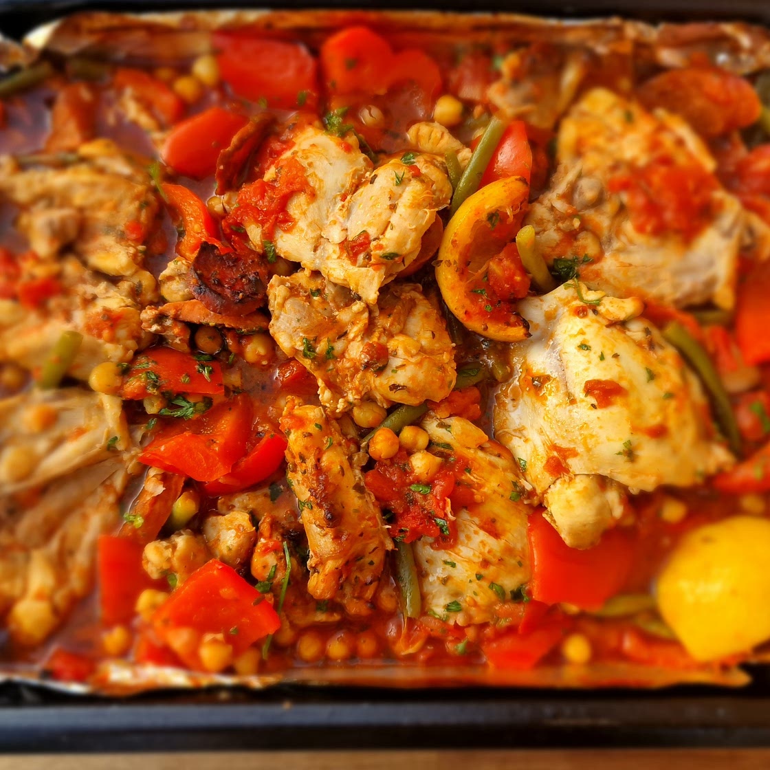 Chicken, Chorizo, and Chickpea Tray Bake