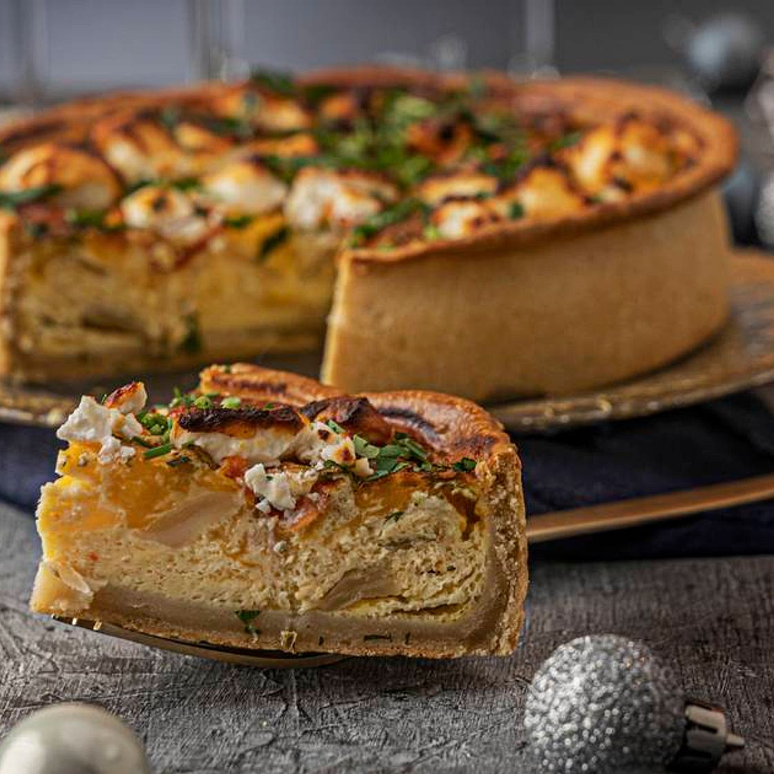 Goats cheese, caramelised onion and red pepper quiche