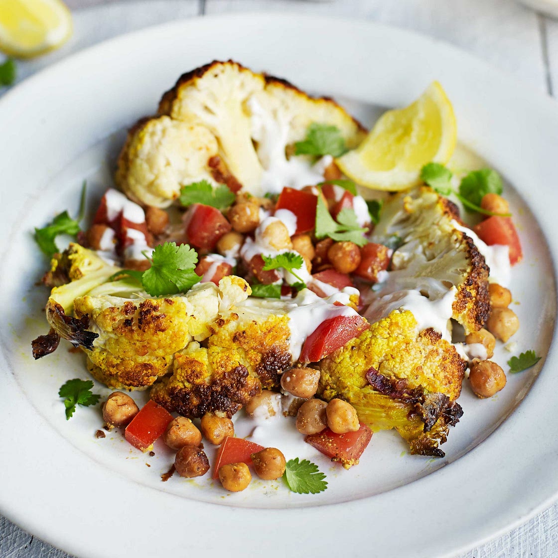 Spiced whole cauliflower & warm chickpea salad