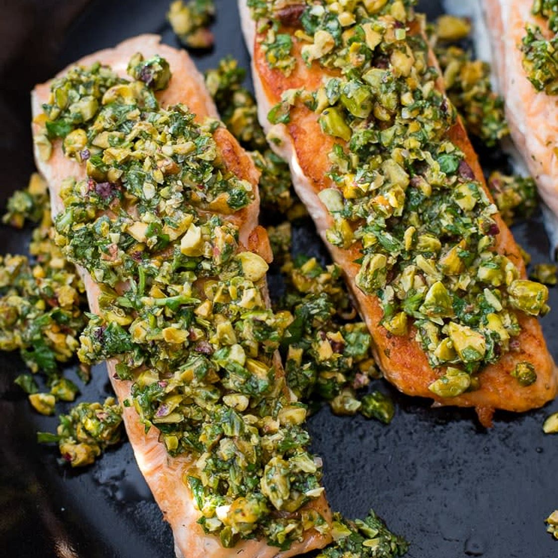 Seared Salmon with Pistachio Gremolata