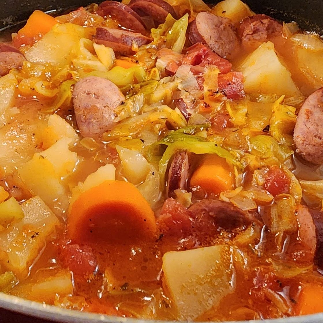 Cabbage, potato, and sausage stew